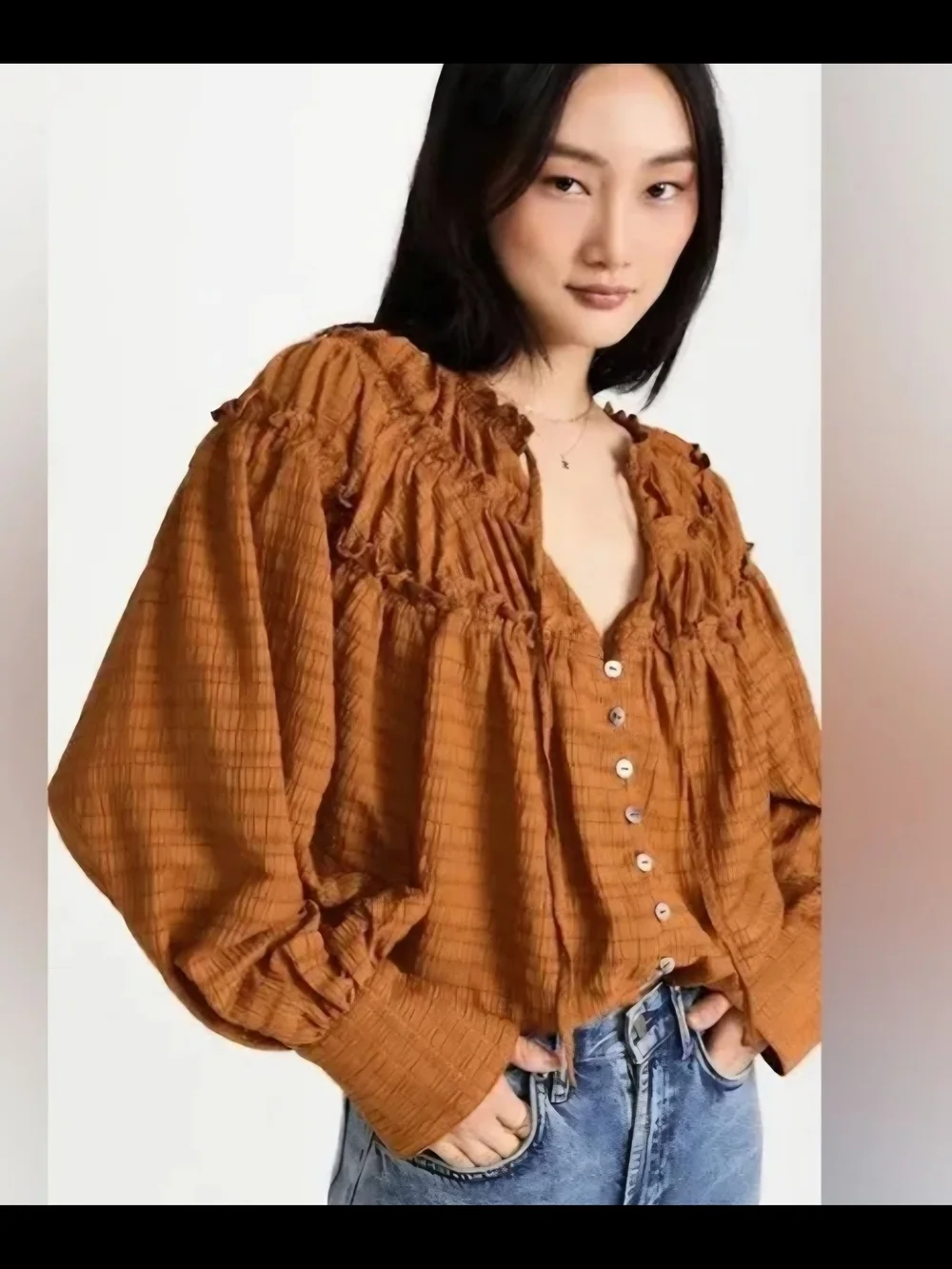 Free People Ruffle Yoke Button-Front Blouse in Rust Brown PIT TO PIT 25 1459